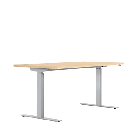 Escritorio regulable en altura sobre fondo blanco. Tapa de mesa de madera clara, patas grises.