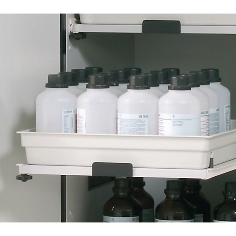 Shelf with laboratory bottles, white bottles with black lids on a white tray.