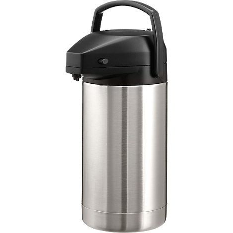 Stainless steel thermos with black lid and handle.