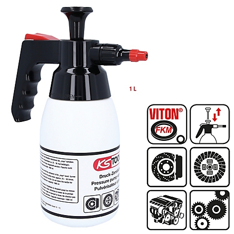 Druckzerstäuber in Schwarz-Weiß, mit rotem Hebel und Sprühdüse. 1-Liter-Fassungsvermögen. Aufkleber mit Herstellerlogo und Informationen.