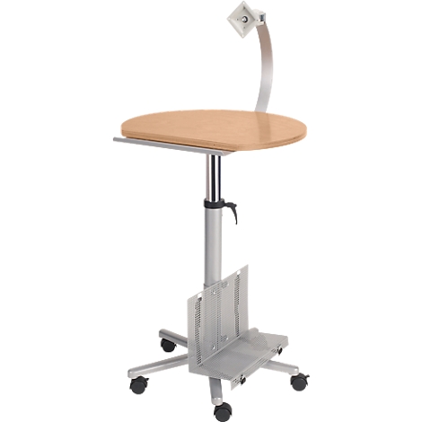Mesa para portátil regulable en altura sobre ruedas. La mesa tiene una tapa de madera, un marco plateado y un soporte para la pantalla.