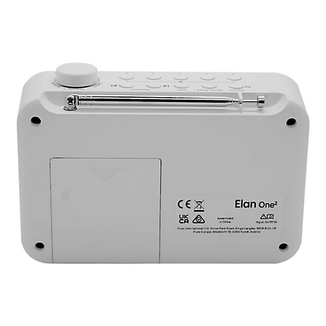 Weißes Elan One² Radio von oben, mit Bedienknöpfen und ausziehbarer Antenne.