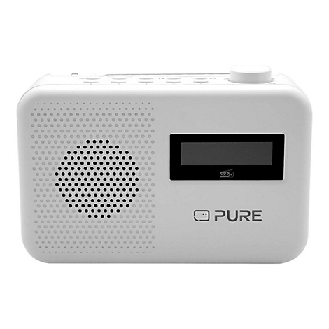 Weißes DAB+ Radio mit schwarzem Display und Lautsprecheröffnungen. Der Markenname "PURE" ist deutlich zu sehen.