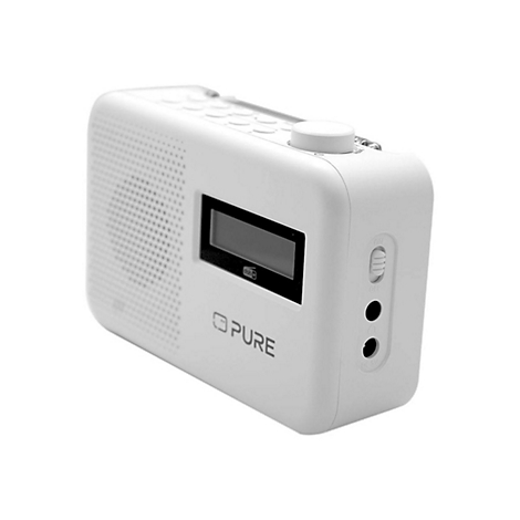 Weißes Radio mit digitalem Display und Bedienelementen. Auf dem Gerät steht "PURE".
