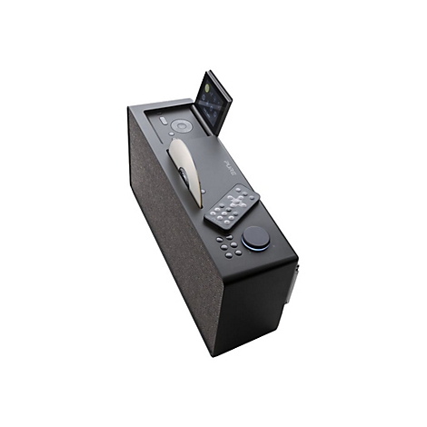 Draufsicht auf ein schwarzes Pure-Audiosystem mit CD-Player, Display und Fernbedienung. Die CD steckt im Player.
