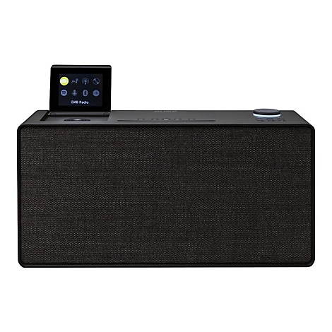 DAB-Radio in Schwarz mit kleinem Display. Auf dem Display sind Symbole abgebildet, die verschiedene Funktionen anzeigen.