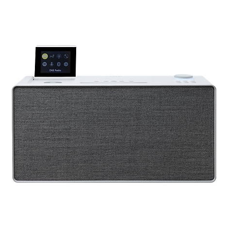 Weißes DAB-Radio mit grauem Gitter und kleinem Bildschirm, auf dem Symbole zu sehen sind.