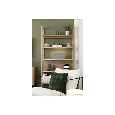 Ein stilvolles Wohnzimmer. Ein Holzregal, das mit Büchern, Dekorationen und einem grauen Lautsprecher bestückt ist, steht vor einer Wand in Salbeigrün. Ein grüner Samtsessel lädt zum Entspannen ein.