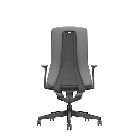 Grey office chair from the back, on castors, with mesh back.