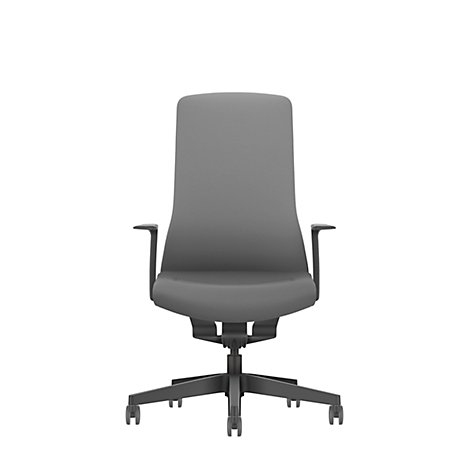 Grey office chair against a white background, front view.