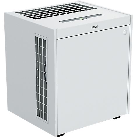 Destructeur de documents Ideal blanc. Grilles sur le dessus, fentes pour ventilateur sur le côté, un bouton à droite. Inscription : IDEAL.