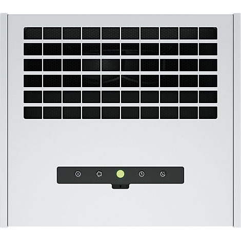 Ventilateur mural gris avec grille et panneau de commande. Une lumière verte brille au milieu de la commande.