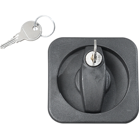 A black padlock with a key next to it. The key is inserted into the lock.
