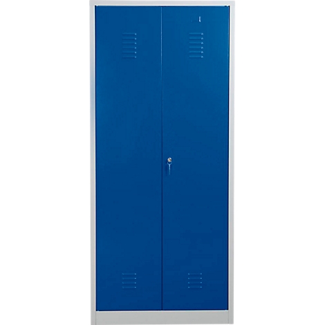 Blauer Stahlschrank mit zwei Türen, Belüftungsschlitzen und zentralem Schloss vor hellem Hintergrund.