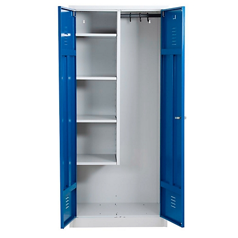 Stahlschrank mit geöffneten blauen Türen, links mit vier Fächern und rechts mit Kleiderstange.