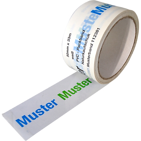 A roll of tape, partially unrolled. The words "Muster Muster" are written in blue and green on the tape. Further information is shown on the roll.