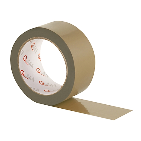 Roll of brown packing tape, with a strip extending. Red logos and text on the inner ring.