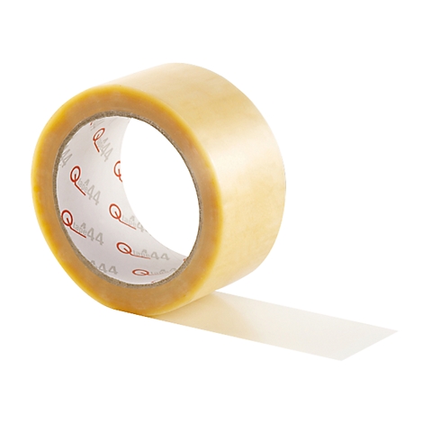 A roll of transparent adhesive tape. On the core the logo 'Q44'. A piece of tape rolled out is next to it.