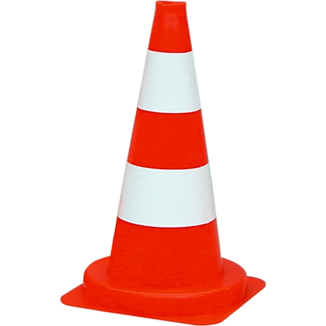 Traffic cone: An orange cone with two white stripes. The base is square.