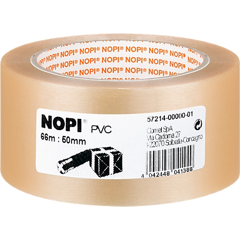 Roll of transparent adhesive tape. Sticker with product information: NOPI PVC, 66m: 50mm, and barcode.