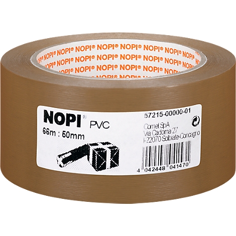 Roll of brown adhesive tape with the label "NOPI PVC", product information label.