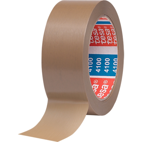 Brown tesa adhesive tape, slightly unrolled, with a red logo.