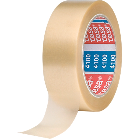 Transparent Tesafilm roll, half unrolled. The logo and article number '4100' are visible on the roll.