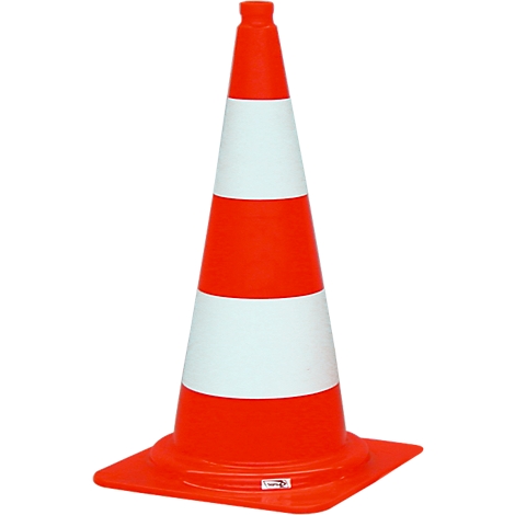 Traffic cone with orange and white stripes. The cone has a square base.