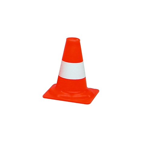 An orange traffic cone with a white reflective band.