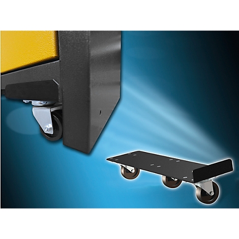 Black metal frame with wheels, next to it a yellow and black element.