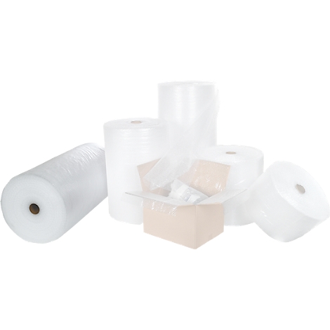 Several rolls of packaging film and an open cardboard box with packing material, white background.