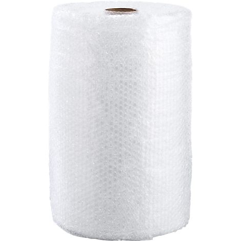 A roll of transparent bubble wrap. The material is rolled up and has a honeycomb structure with small, round bubbles.