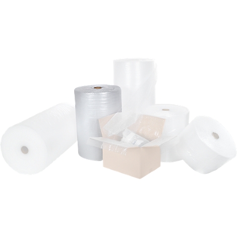 Various rolls of bubble wrap and an open shipping box with packing material.