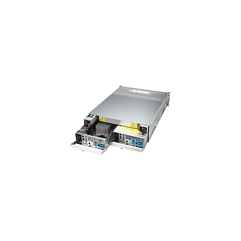 Silberner Server mit herausziehbaren Einschüben, auf denen blaue Anschlüsse und graue Komponenten zu sehen sind.