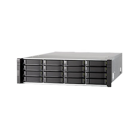 Rack-Server-Gehäuse mit 16 schwarzen Festplatteneinschüben vor weißem Hintergrund.