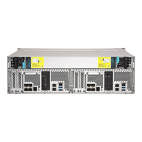 Rückseite eines Servers mit zwei Netzteilen und zahlreichen Anschlüssen vor weißem Hintergrund.