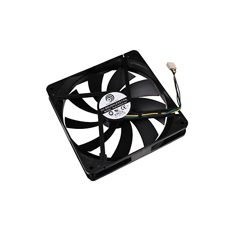 Ein schwarzer Lüfter mit acht Rotorblättern, Kabel und Aufkleber mit Schriftzug.