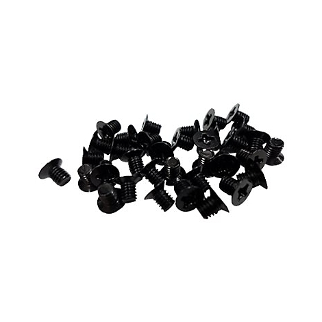 Haufen schwarzer Schrauben mit Kreuzschlitz vor weißem Hintergrund.
