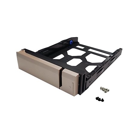 Ein Computer-Festplattenträger in Beige und Schwarz, mit Schrauben auf weißem Hintergrund.