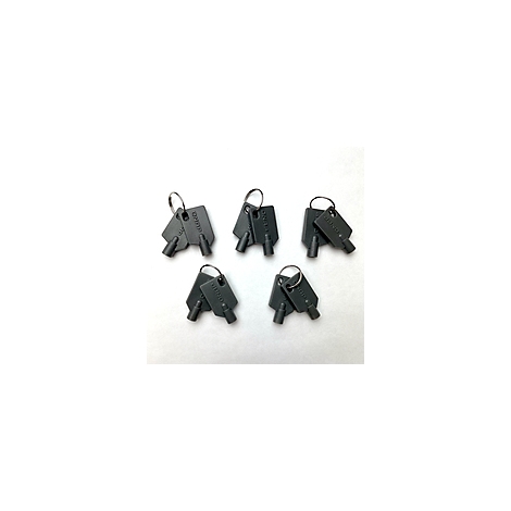 Fünf graue Schlüssel mit Metallringen, die auf einer weißen Oberfläche liegen. Jeder Schlüssel hat eine rechteckige Form mit abgerundeten Ecken und die Aufschrift "JUMO".