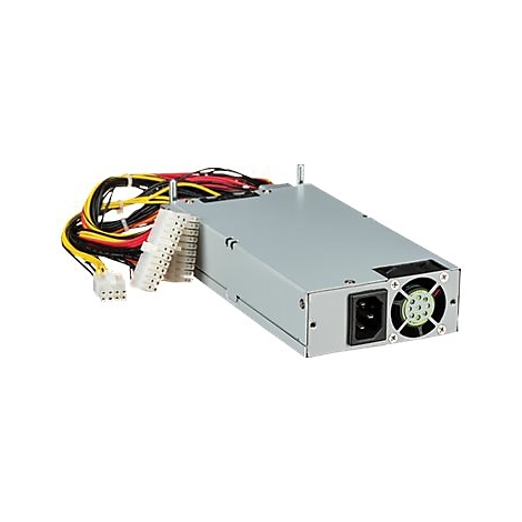 Grauer PC-Netzteilblock mit Lüfter und Kabeln vor weißem Hintergrund.