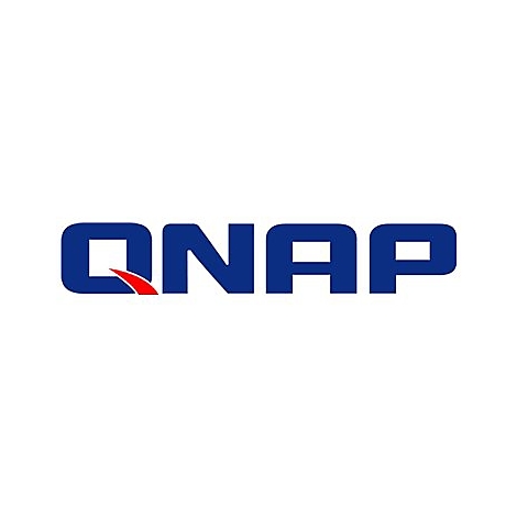 Blaues QNAP-Logo mit einem geschwungenen roten Akzent in der Buchstabenform.