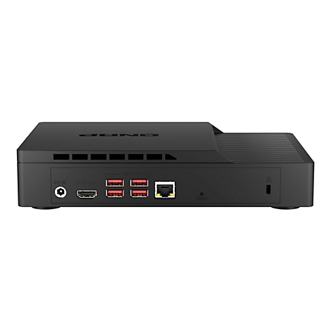 Schwarzer Netzwerk-Server mit Anschlüssen für HDMI, USB und LAN. Aufschrift 'QNAP'.