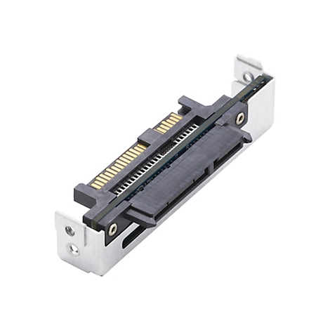 Une pièce de matériel informatique. Il se compose d'un cadre en plastique noir avec des contacts dorés et d'une carte de circuit imprimé verte maintenue dans un support métallique. Plan détaillé.