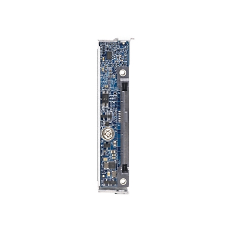 Un composant informatique bleu, peut-être un disque dur ou une carte contrôleur, affiche des composants électroniques et des inscriptions sur un fond blanc.
