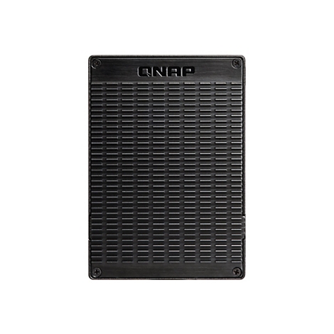 Schwarzes QNAP-Gerät mit horizontalen Rillen und dem QNAP-Logo.