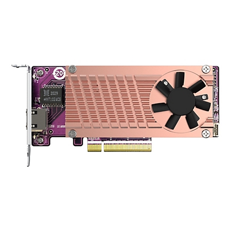Une carte graphique pour ordinateur avec un dissipateur thermique en cuivre, un ventilateur noir et diverses puces. Une puce indique "2029 HNT1024CG".