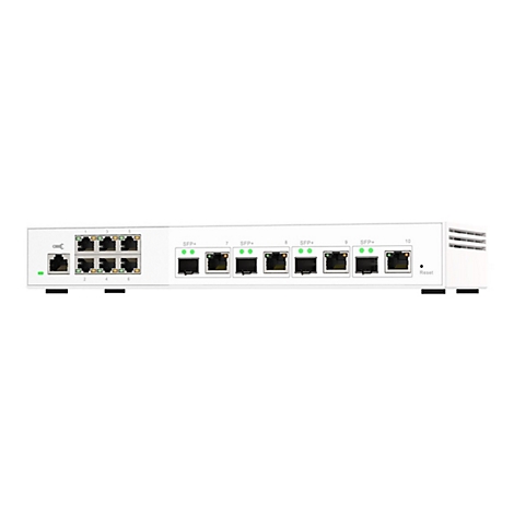 Commutateur réseau blanc avec ports et LED, étiqueté avec des numéros et "SFP+". Bouton "Reset" sur le côté.