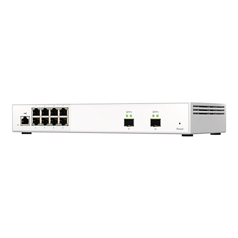 Un appareil réseau blanc avec plusieurs ports et affichages. Inscription : Reset, SFP+.