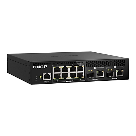 Schwarzer Netzwerk-Switch mit Anschlüssen und Anzeigen. Auf der Vorderseite sind die Aufschrift "QNAP", "reset", "status" und die Bezeichnung "MGMT" zu sehen. Ports sind mit 2.5GbE und 10GbE beschriftet.